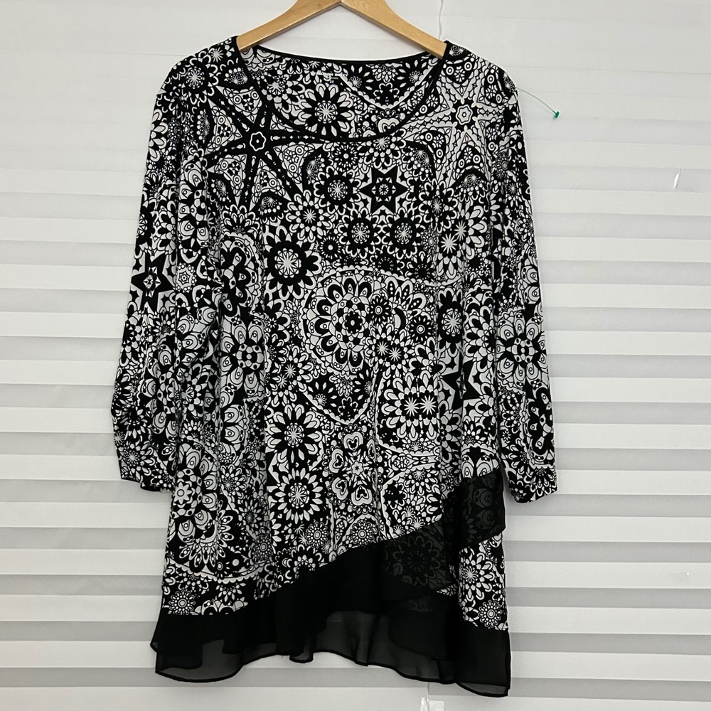 Allison Daley Woman 2X Tunic Top Black White Medallion Print Chiffon Hem 3/4 Slv